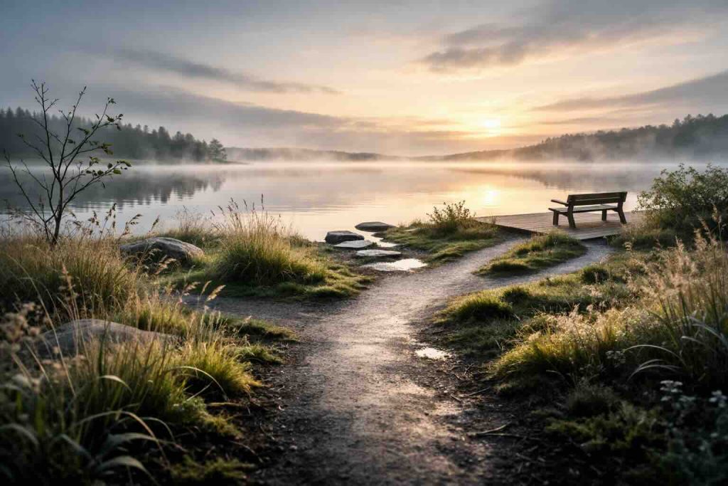 Åben dør mod stille natursti som symbol på signs of depression symptomer og håbefuld afklaring
