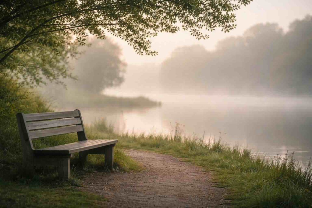 Stille bænk ved sø i morgendis som symbol på depression og pårørende

