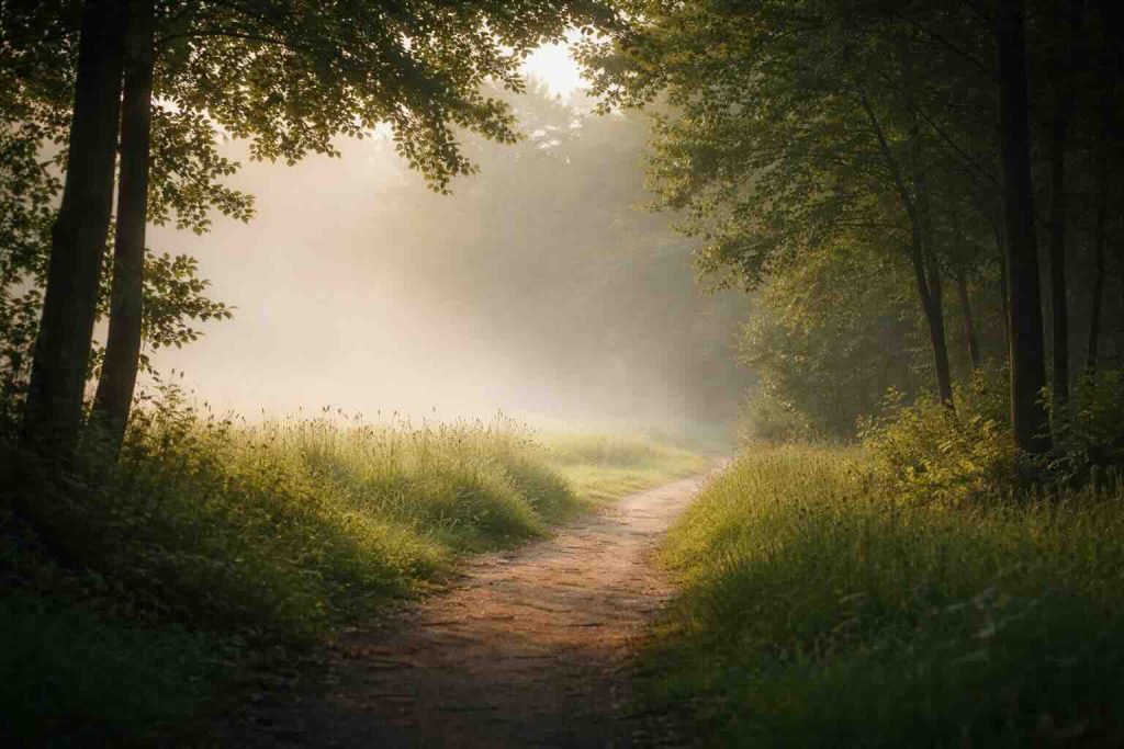 Depression pårørende – stille skovsti i blødt morgenlys som symbol på relationel belastning og håb
