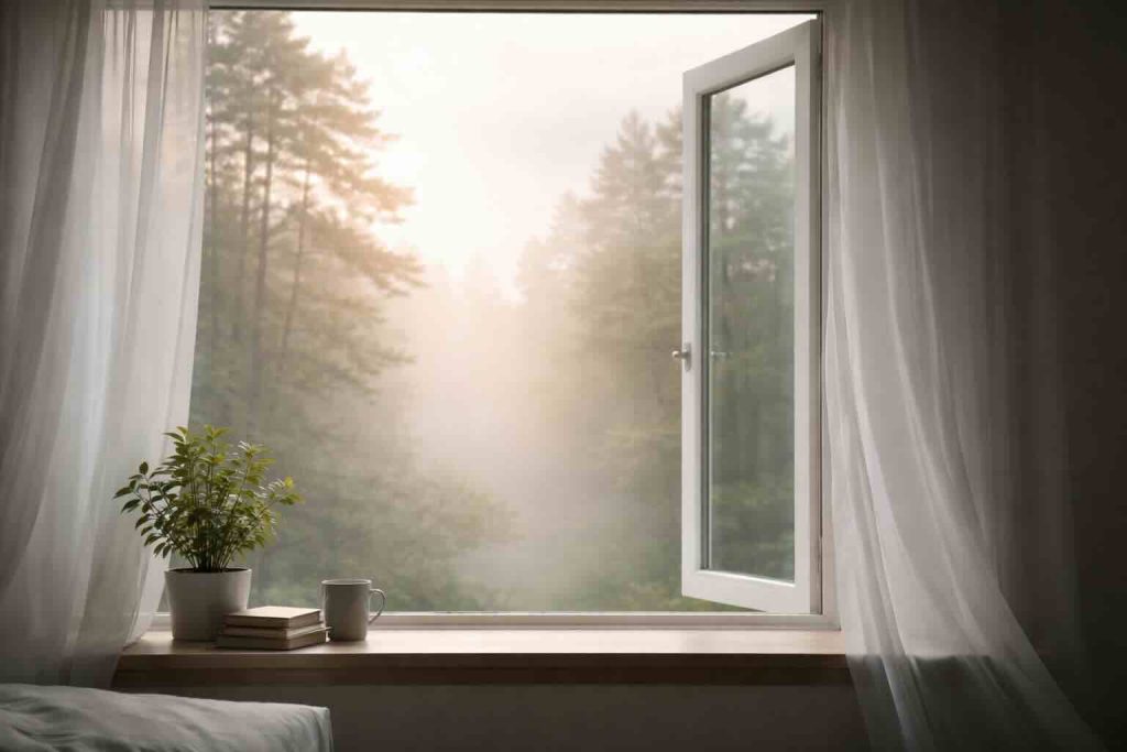 Åbent vindue med blødt lys og tåget skov – symbol på depression symptomer og indre tilstand
