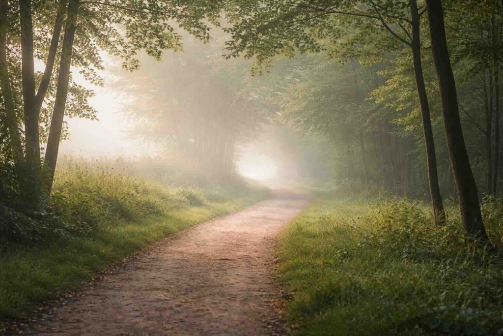 Sti i blød morgentåge som symbol på fysiske symptomer på depression og gradvis afklaring
