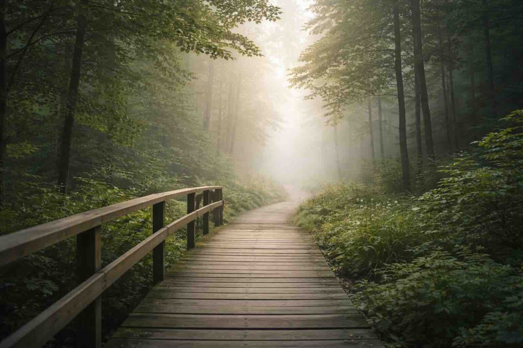 Træsti i skov med blødt lys som symbol på relationel håndtering ved depression behandling
