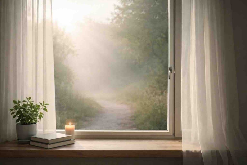 Udsigt gennem vindue mod tåget sti som symbol på hvad er depression og indre tilstand
