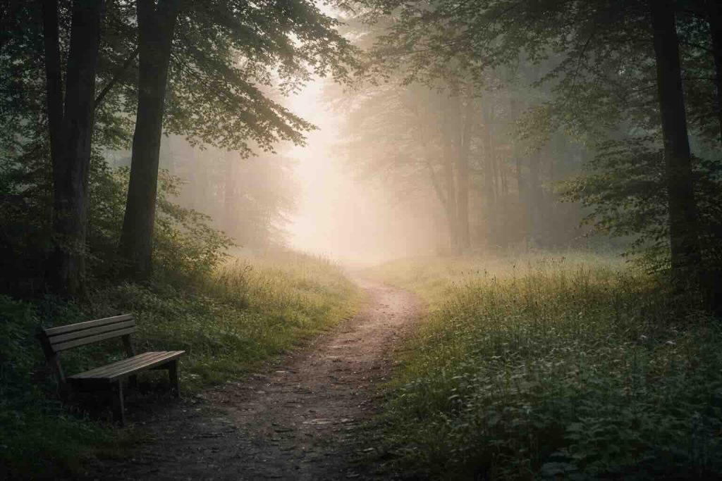 Kronisk depression symboliseret ved stille skovsti i blødt morgenlys og dæmpet tåge
