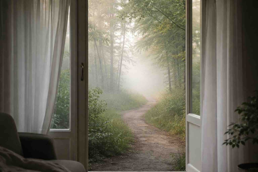 Åben dør mod stille skovsti som symbol på pårørende til depression
