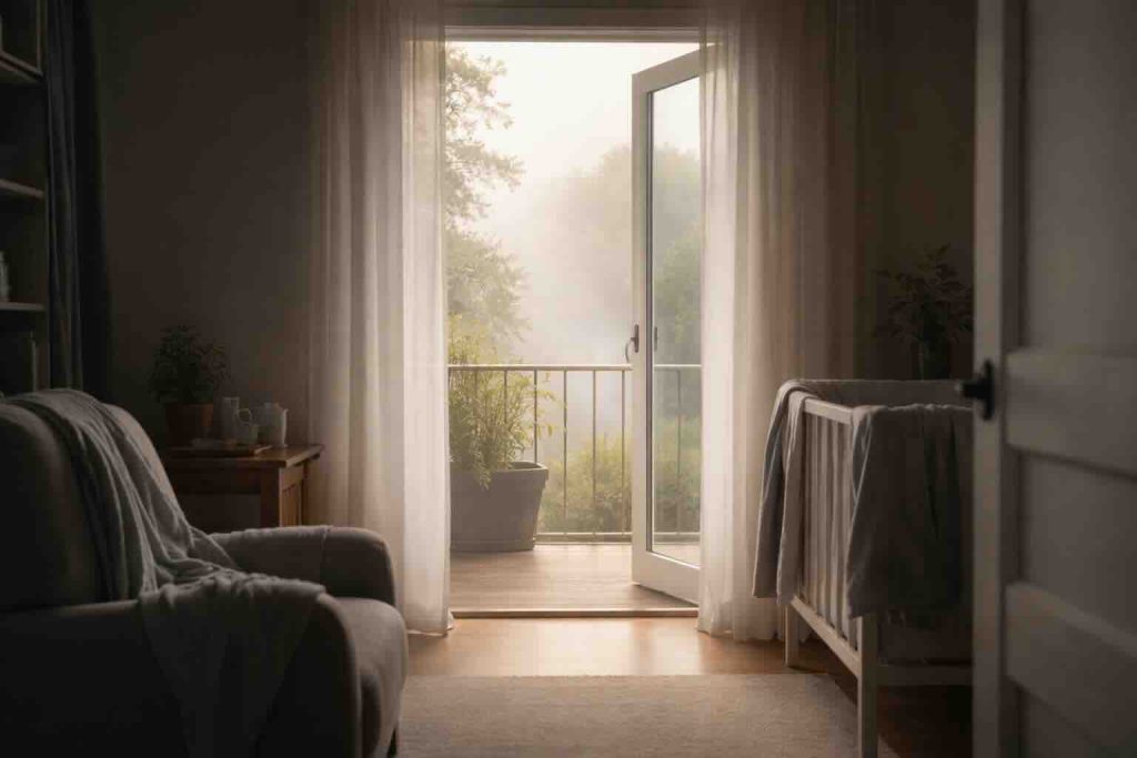 Soveværelse med vugge og åbent vindue i blødt morgenlys som symbol på postpartum depression
