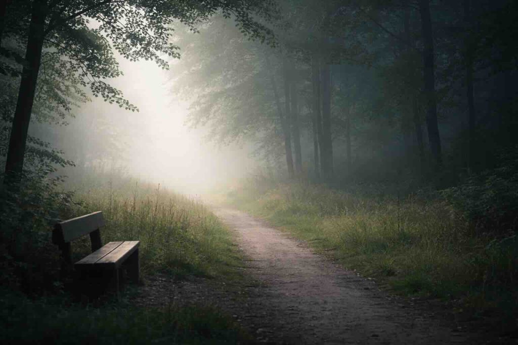 Tåget skovsti i dæmpet lys som symbol på svær depression og indre tilbagetrækning
