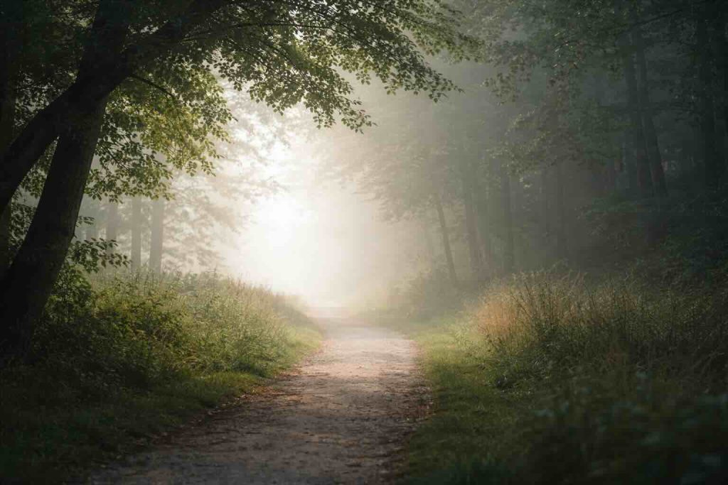 Svær depression symptomer illustreret med rolig skovsti i dæmpet morgenlys