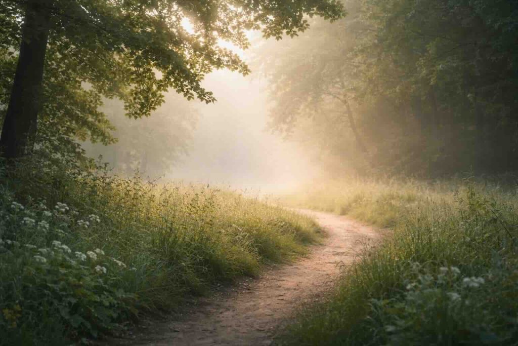 Skovsti i blødt morgenlys som symbol på symptomer på angst og depression
