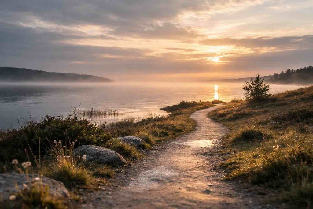 Symptomer på depression illustreret ved stille skovsti i blødt morgenlys og let tåge.
