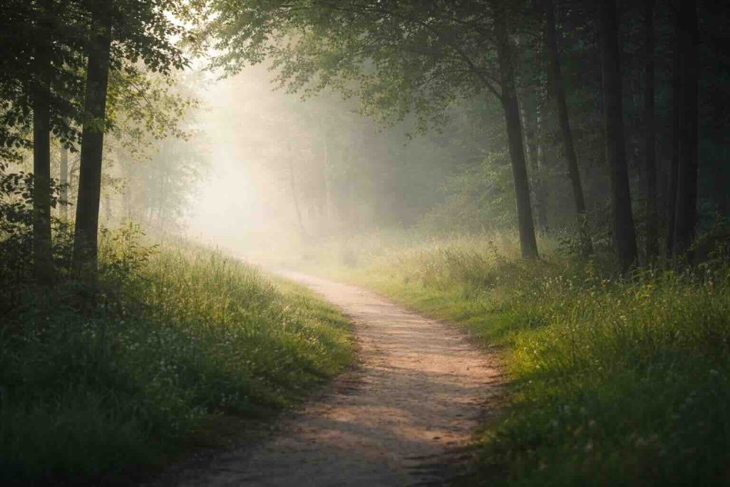 Rolig skovsti i blødt morgenlys som symbol på svær depression behandling i psykologbehandling og proportionel håndtering
