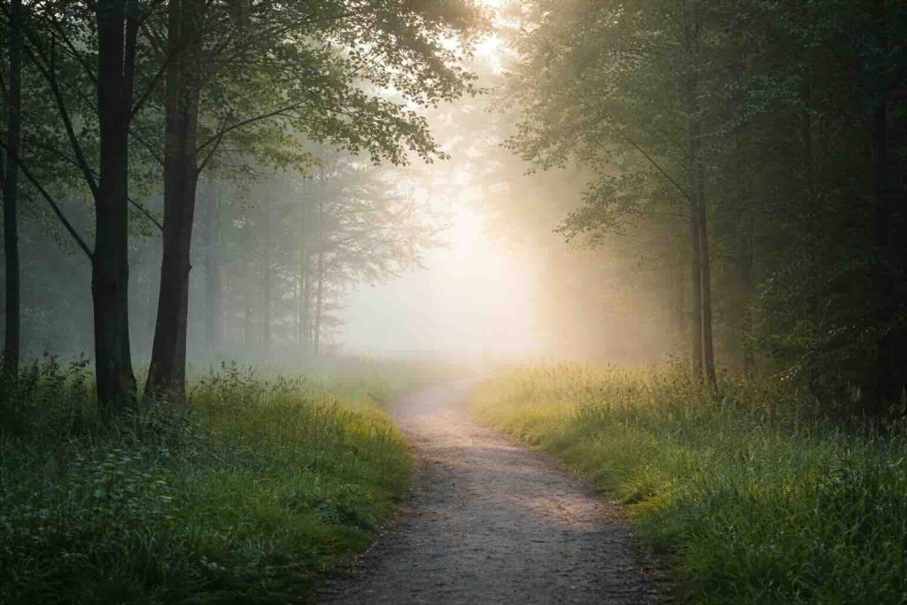 Skovsti i blødt morgenlys som symbol på behandling af svær depression i psykologbehandling
