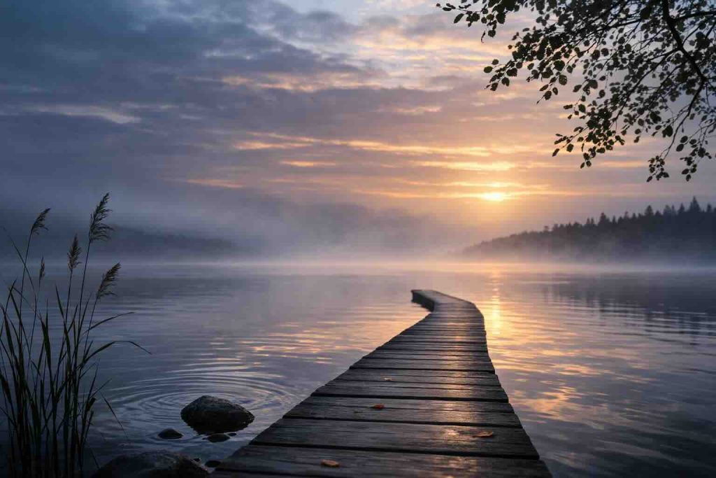 Hvad er en depression – rolig tåget sø med træbro i blødt morgenlys som symbol på klinisk overblik
