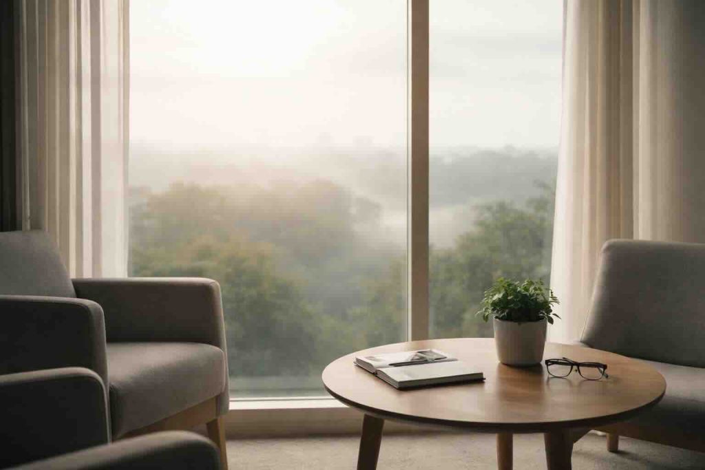 Roligt arbejdsrum med blødt lys som symbol på selvhjælp til depression i arbejde
