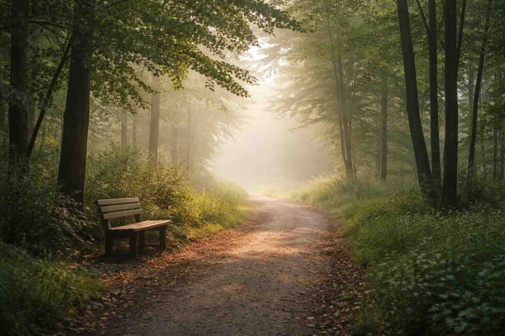 Rolig skovsti i blødt morgenlys som symbol på selvhjælp til depression i forældre kontekst og balanceret grænsesætning.
