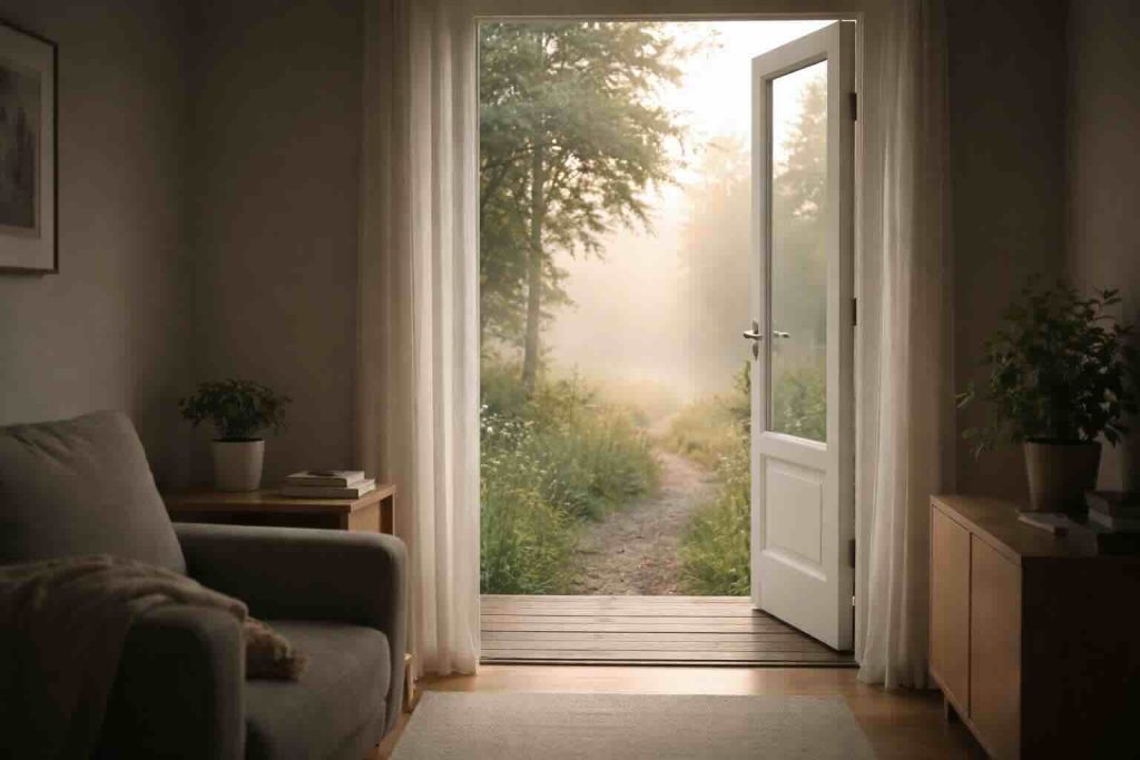 Depression symptomer kvinder illustreret med roligt rum og åben dør mod tåget sti i blødt lys
