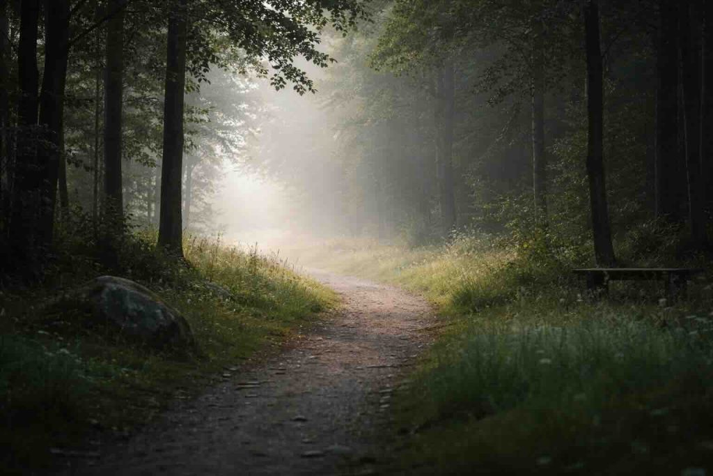 Stille skovsti i blødt morgenlys som visuel metafor for stress depression symptomer og mental belastning
