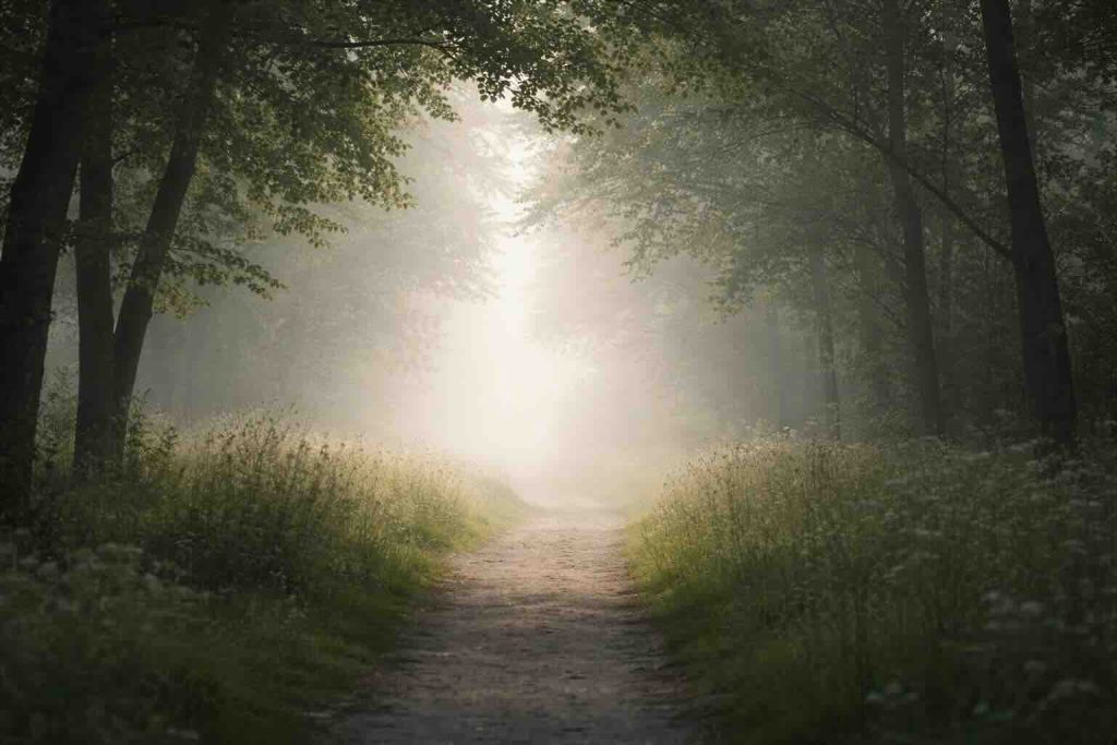 Hvordan føles depression: stille skovsti i blødt morgenlys og let tåge som symbol på indre afstand
