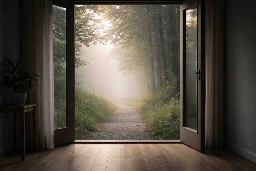 Åben dør mod rolig skovsti i tåget morgenlys som symbol på depression og angst
